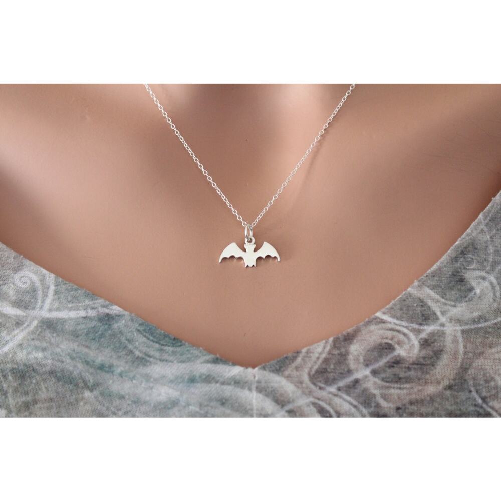 Sterling Silver Bat Necklace, Cute Bat Charm Necklace